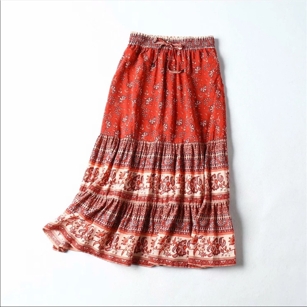 Red Bohemian Gypsy Paisley Print Maxi Skirt - Picture 3 of 12